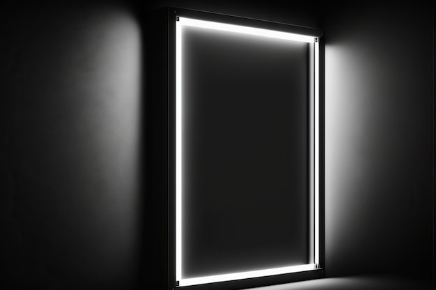 Foto zwart leeg lightbox-model met verlicht frame tegen donkere muur