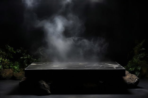 Zwart marmeren podium met leeg tafelblad in minimalistisch design Generatieve Ai