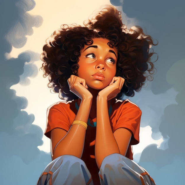Zwart meisje in het denken en twijfelen poseert cartoon illustratie Jong vrouwelijk personage met een dromerig gezicht op abstracte achtergrond Ai genereerde een heldere cartoonische poster