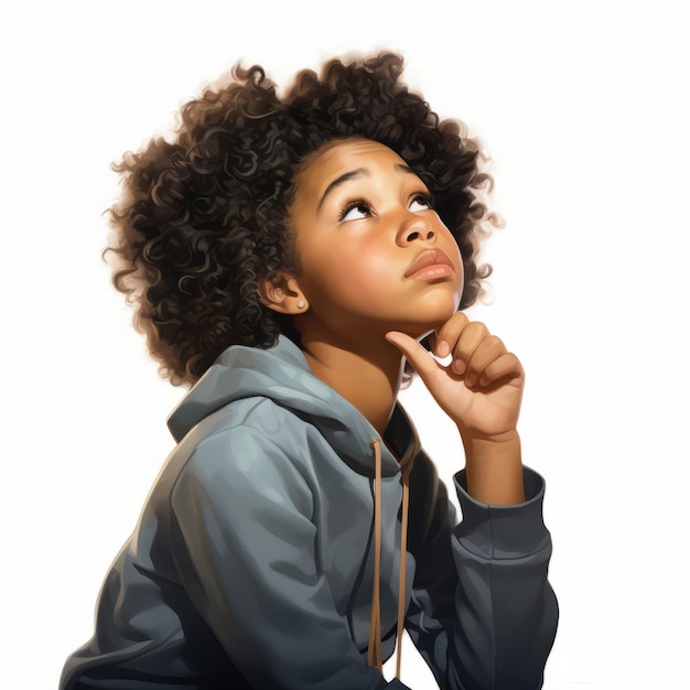 Zwart meisje in het denken en twijfelen poseert fotorealistische illustratie Vrouwelijk personage met een dromerig gezicht op een abstracte achtergrond Ai genereerde een realistische heldere poster