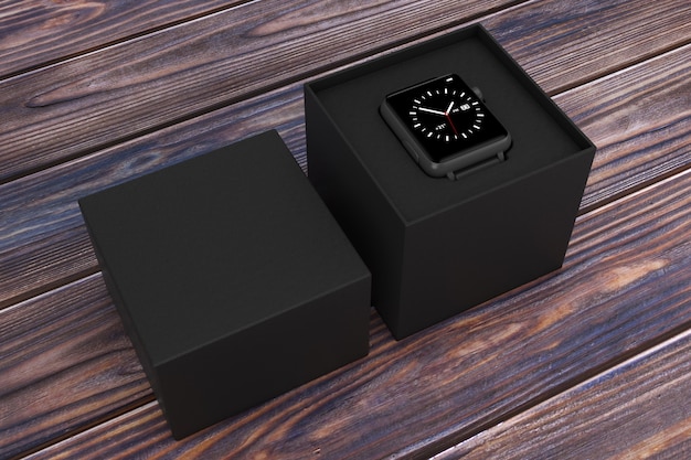 Zwart modern slim horlogemodel en band met zwarte geschenkdoos op een houten tafel. 3D-rendering