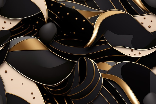 Zwart naadloos patroon met abstracte golven Toepasbaar voor stofprint textiel inpakpapier behang Donkere achtergrond met gouden splines Herhaalbare textuur Generatieve AI