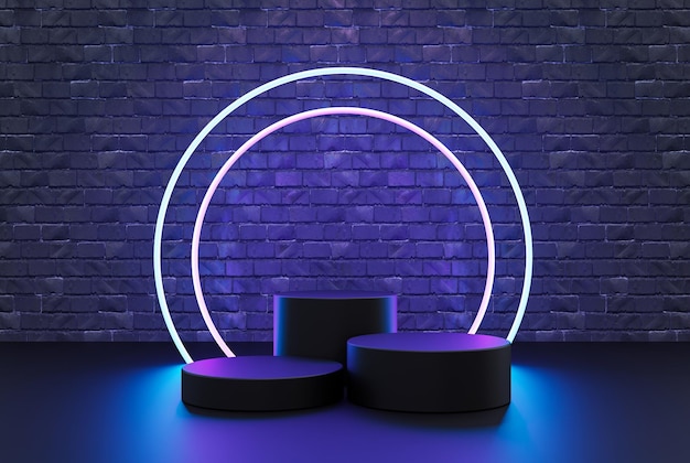 Zwart neon led-licht podium leeg voetstuk productweergavescène voor productplaatsing 3d-achtergrond