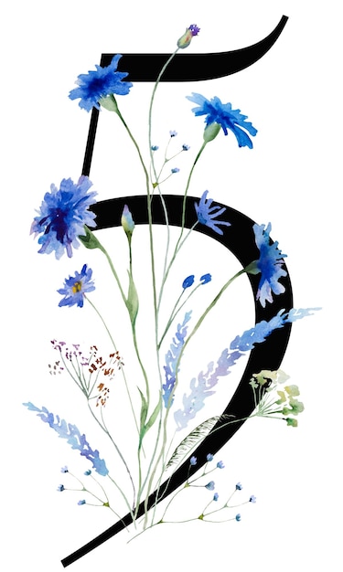 Zwart nummer 5 met aquarel blauwe korenbloemen en wilde bloemen boeket Zomer bruiloft element