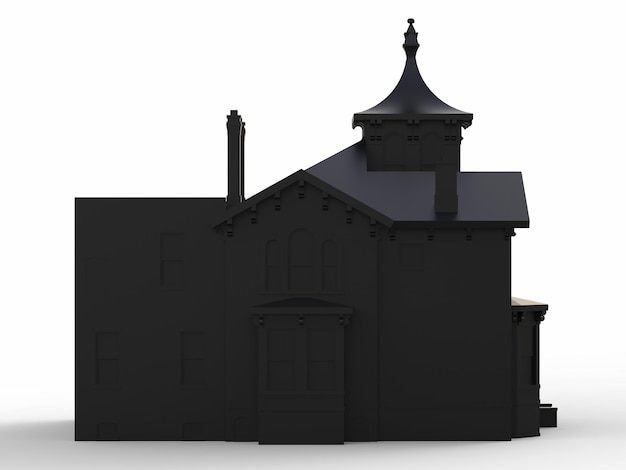 Zwart oud huis in Victoriaanse stijl Illustratie op witte achtergrond Soorten van verschillende kanten 3D-rendering