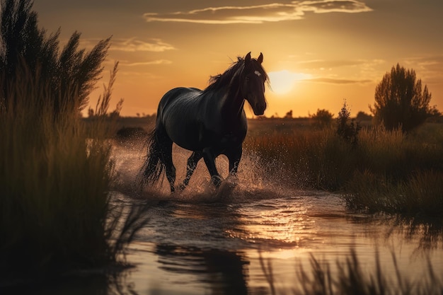 Zwart paard galoppeert op de vlakte bij zonsondergang generatieve IA