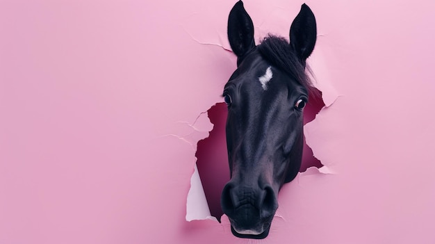 zwart paard opkijkend in pastelkleurige papierzijde gescheurd gat geïsoleerd generatief Ai