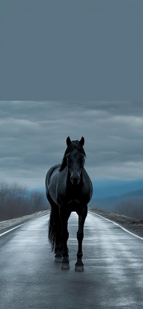 Foto zwart paard staat leeg op de weg ai gegenereerd beeld hoge kwaliteit ai gegenereerde beeld