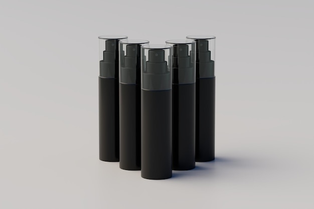 Zwart plastic spuitfles mockup meerdere flessen 3D-rendering