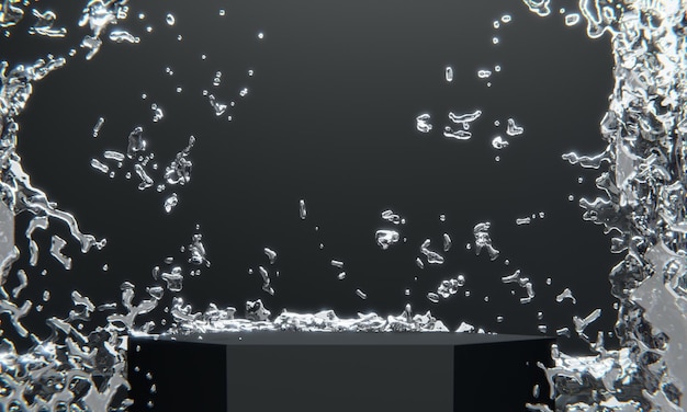 Zwart podium en waterspatten op witte achtergrond 3d-rendering