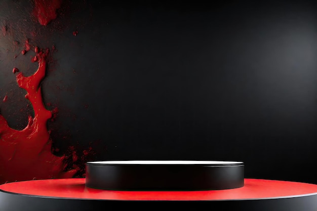 Zwart podium met rode gemorste verf en zwarte achtergrond