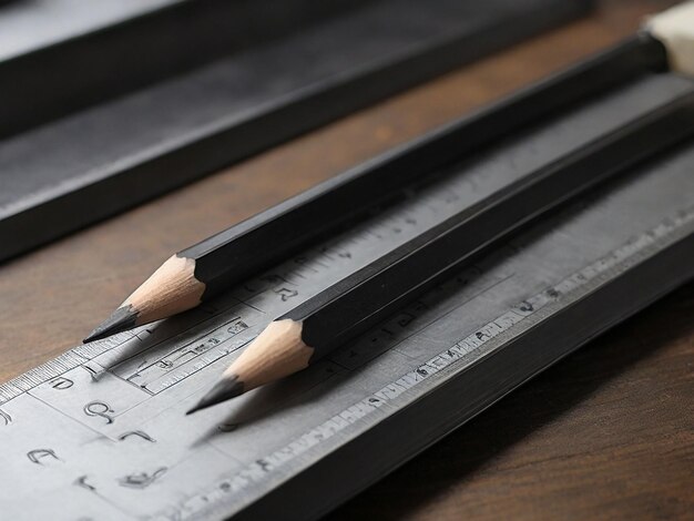 Zwart potlood bij grijs stalen liniaal aan de zwarte tafel