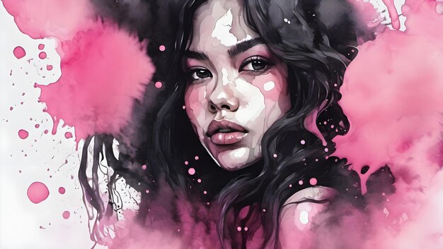 Zwart roze meisje thema ronde bubble druipende aquarel inkt ontwerp achtergrond wallpaper illustratie
