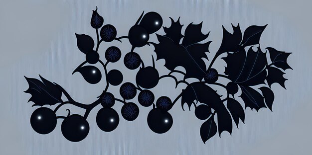 Zwart silhouet van een abstracte tak met bessen op een grijze achtergrond