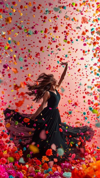 zwart silhouet van een dansende vrouw op een boel bloemen die overal op een roze achtergrond vliegen