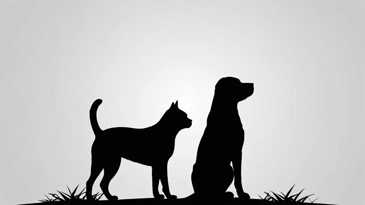 Foto zwart silhouet van een hond en een kat tegenover elkaar