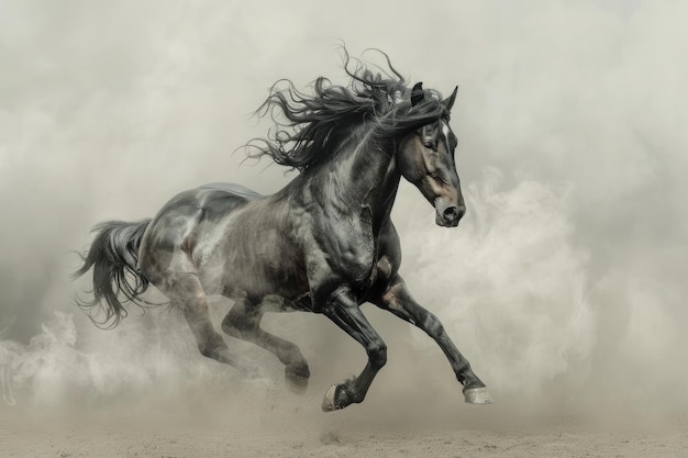 Zwart Spaans paard dat in lichte rook wordt gefokt hengst dier zoogdier