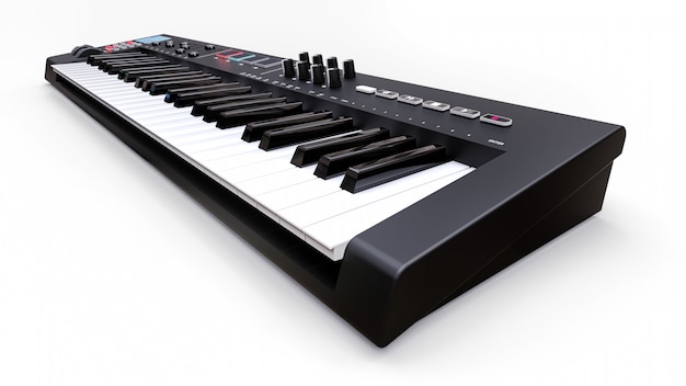 Zwart synthesizer MIDI-toetsenbord op witte Synth-toetsen close-up