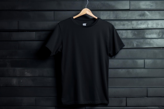 Zwart t-shirt dat aan een houten muur hangt