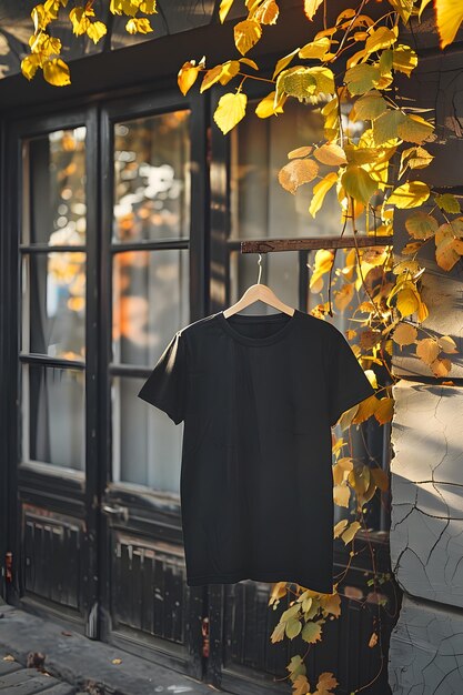 Foto zwart t-shirt hangt op de hanger voor het gele getinte raam