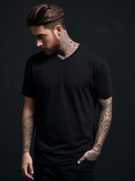 Foto zwart t-shirtmodel met v-hals