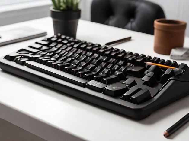 Zwart toetsenbord met potloden op een witte tafel