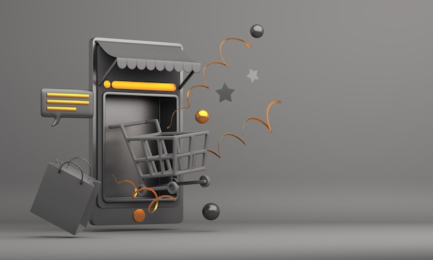 Zwart vrijdag online het winkelen concept met de illustratiekarretje van mobiele telefoontoepassingen en het winkelen zak