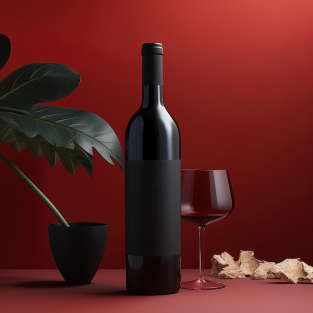 Zwart wijnflesmodel met leeg etiket voor uw logo en glaswijn Rode wijnconcept