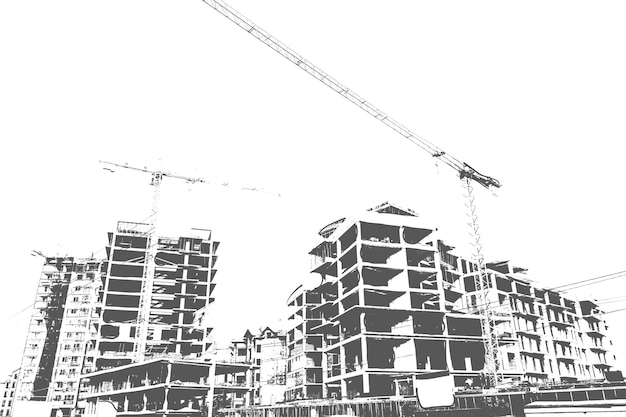 Zwart-wit afdruk van een woongebouw met meerdere verdiepingen in aanbouw en een bouwkraan op een witte achtergrond
