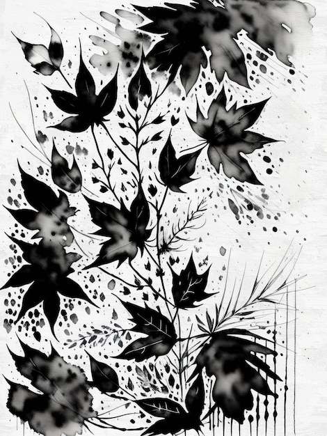 Zwart-wit Bloemmotief Inkt Schilderij Reproductie Artistieke Achtergrond Sjabloon