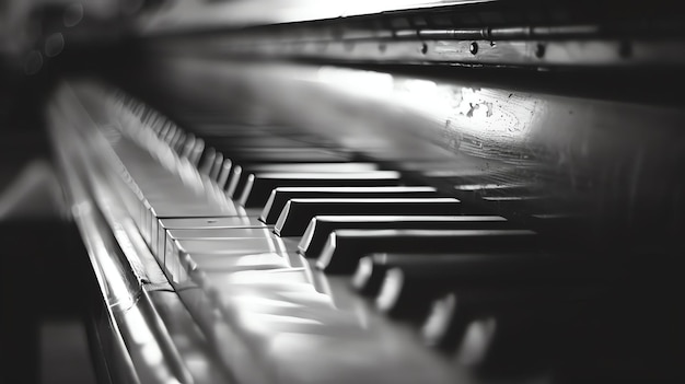 Zwart-wit close-up van piano toetsen met een wazige achtergrond