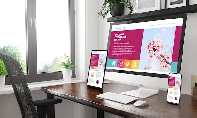 Zwart-wit desktop met drie apparaten met geweldige responsive design 3D-rendering