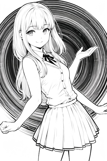 Foto zwart-wit effen kleur lijntekening anime cute cartoon meisje karakter illustratie achtergrond