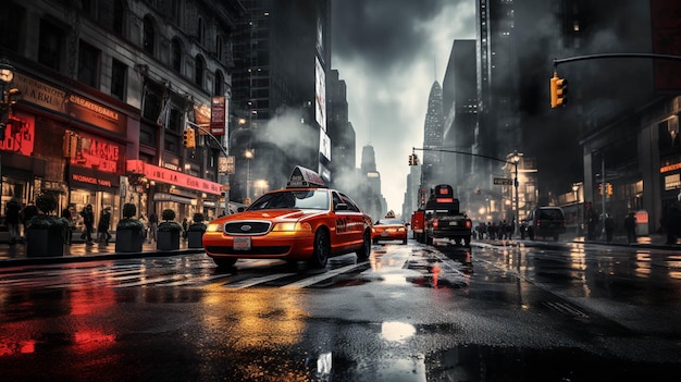 Zwart-wit en rood gekleurde taxi's op de New York Street Nachtbeeld van de stad