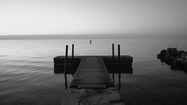 Foto zwart-wit foto van een haven die uitkomt in een rustig meer het water is stil en er is een lichte mist in de lucht