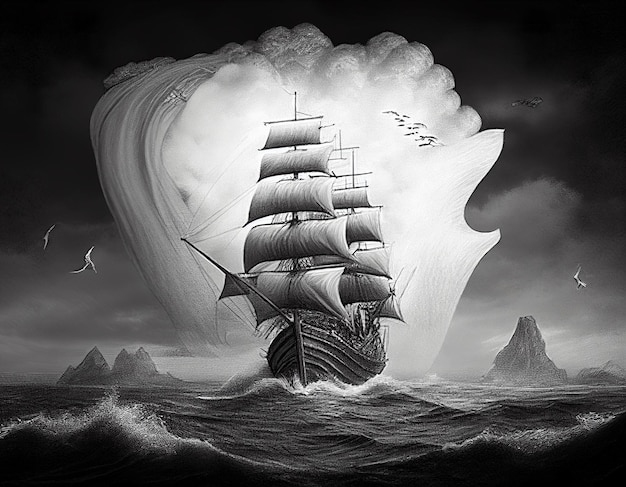 Zwart-wit foto van een schip in de oceaan generatieve ai