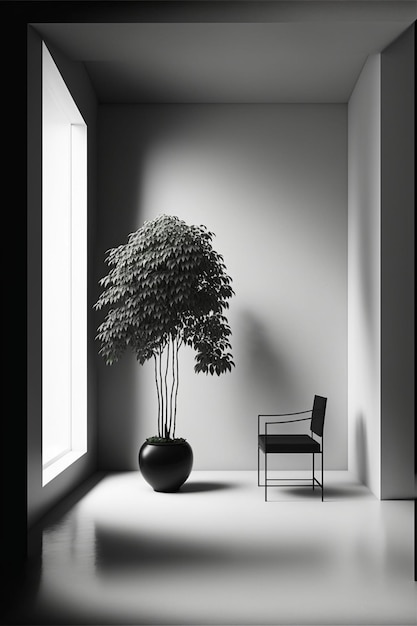 Zwart-wit foto van een stoel en een boom generatieve ai
