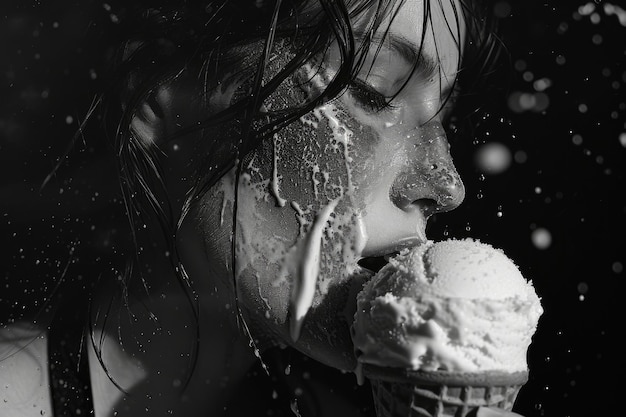 zwart-wit foto van een vrouw die een ijsje snijdt
