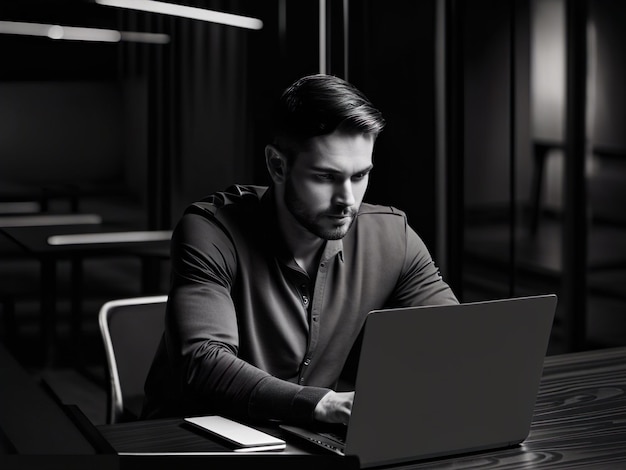 Zwart-wit foto van knappe zakenman werken met laptop op kantoor Bedrijfsconcept Generatieve AI