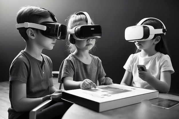 Zwart-wit foto van kunnen we de kloof overbruggen en de immersieve virtuele realiteit digitale omgeving gezonder maken voor onze jonge generaties