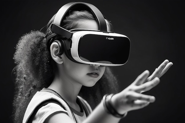 Zwart-wit foto van kunnen we de kloof overbruggen en de immersieve virtuele realiteit digitale omgeving gezonder maken voor onze jonge generaties