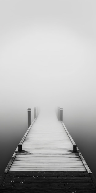 Zwart-wit foto van pier in de mist Generatieve AI