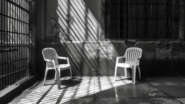 Zwart-wit foto van twee stoelen in de schaduw van de zon Generatieve AI