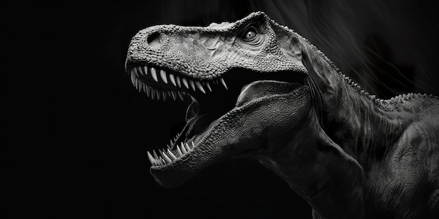 Zwart-wit fotorealistisch studioportret van een Tyrannosaurus Rex op zwarte achtergrond Generatieve AI