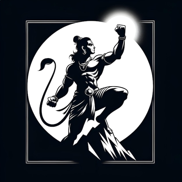 Foto zwart-wit illustratie van het silhouet van hanuman voor de viering van hanuman jayanti