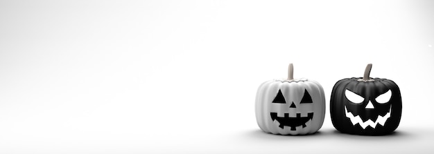 Zwart-wit jack o lantern banner pompoenen op witte achtergrond kopie ruimte 3D illustratie