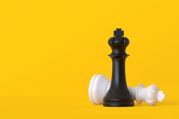 Zwart-wit koning schaakstuk geïsoleerd op pastel gele achtergrond 3D render illustratie