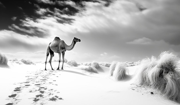 Foto zwart-wit landschap van kameel in de woestijn gegenereerd door ai