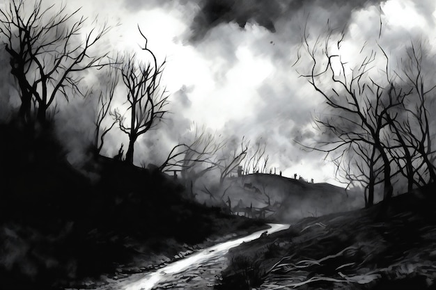 Zwart-wit landschapsbeeld van een bosbrand met bomen en een beek