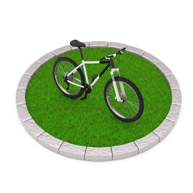 Zwart-wit mountainbike over ronde perceel van dicht groen gras op een witte achtergrond. 3D-rendering